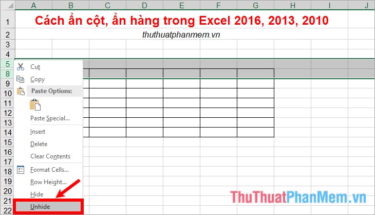 cach an cot an hang trong excel 2016 2013 2010