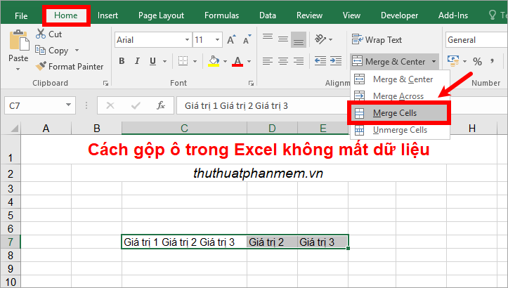 cach gop o trong excel khong mat du lieu