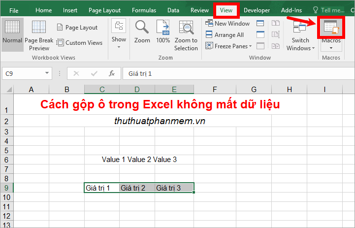 cach gop o trong excel khong mat du lieu